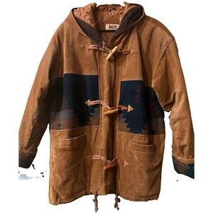 Vintage G4000 Genuine Leather Southwestern Aztec Hooded Duffle Coat Men’s